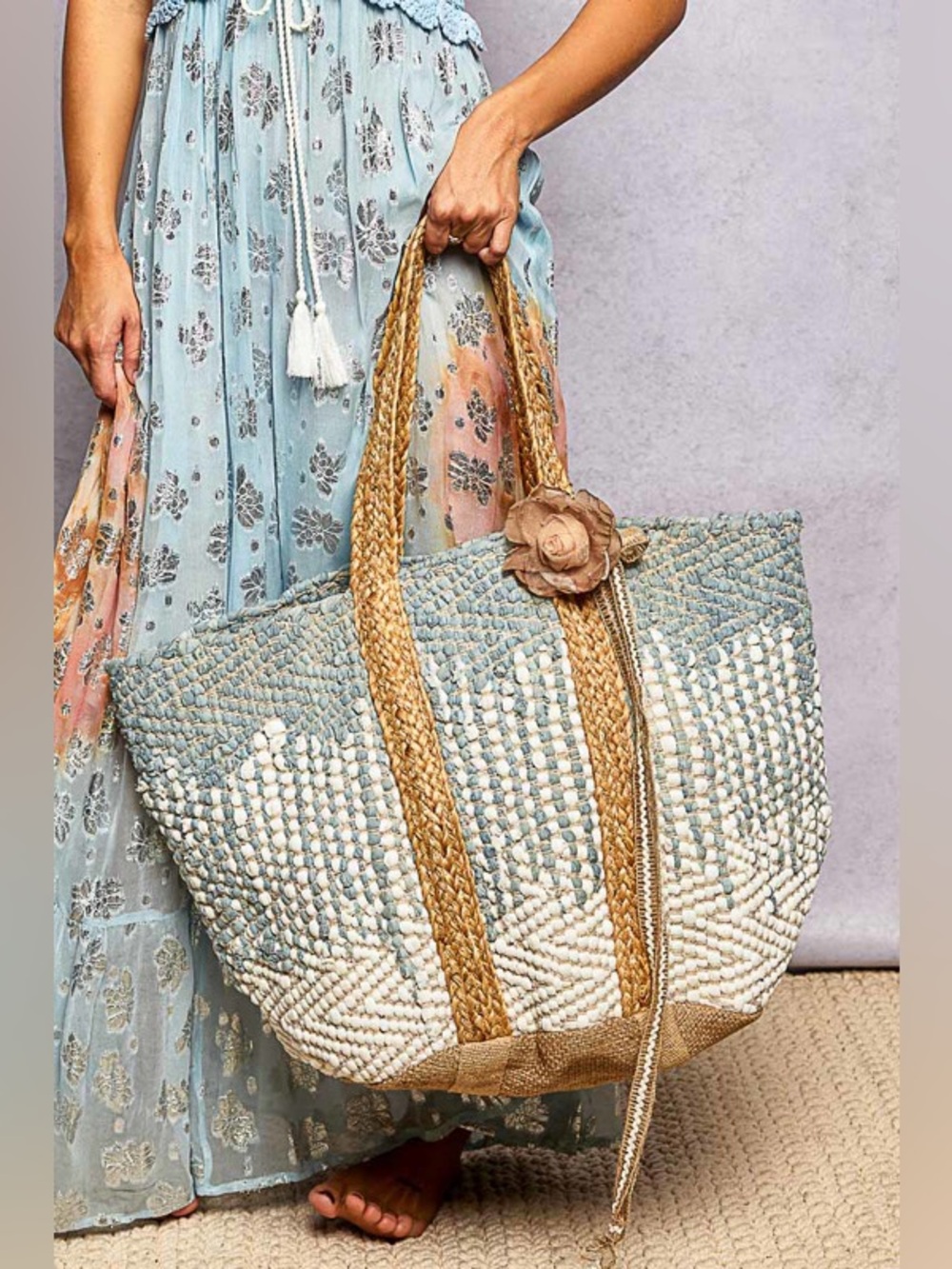 POL Blue and Natural Woven Tote